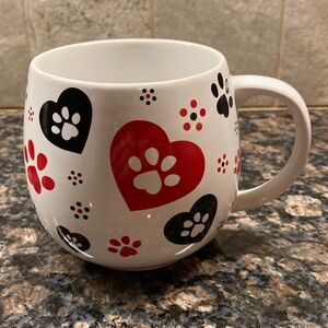 Temptations White Mug with Red and Black Paw Print Hearts